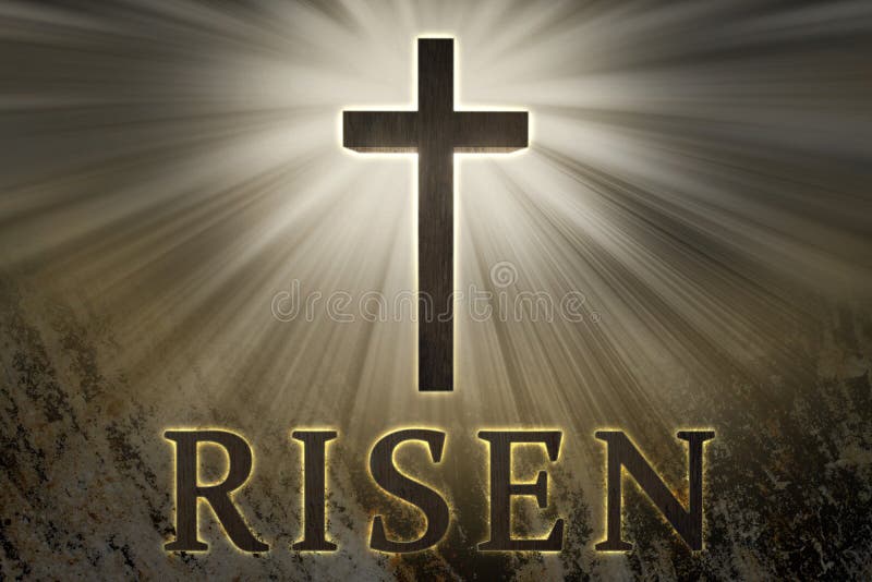 Jesus Christ cross surrounded by light and risen text on a rock background for Easter royalty free stock photography