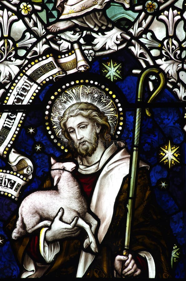 Jesus Christ de goede herder in gebrandschilderd glas
