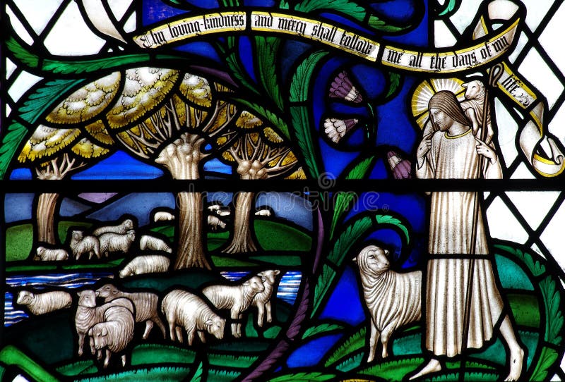 Jesus Christ el buen pastor con las ovejas en vitral