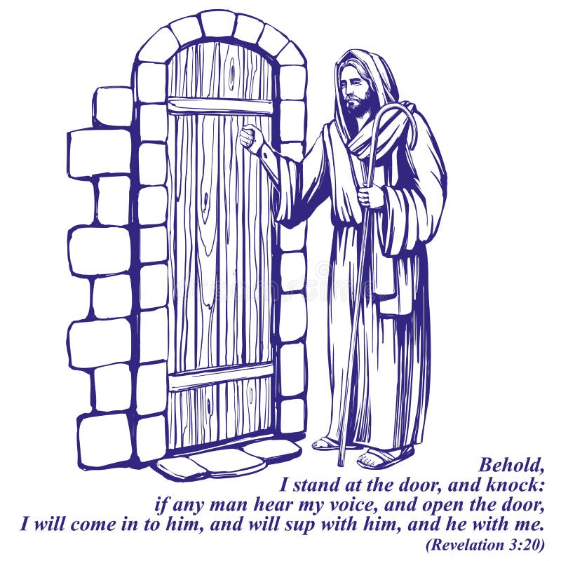 Jesus Christ, filho do deus que bate na porta, símbolo do esboço tirado mão da ilustração do vetor da cristandade