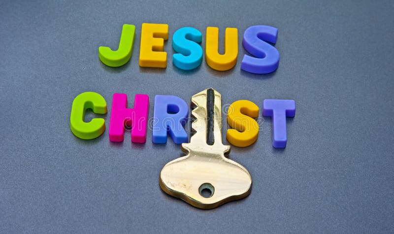 Text in colorful uppercase letters 'Jesus Christ holds the key' with the letter 'i' replaced by a gold key. Text in colorful uppercase letters 'Jesus Christ holds the key' with the letter 'i' replaced by a gold key.