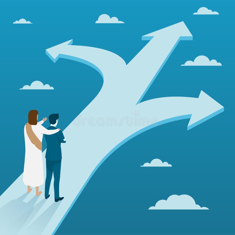 Jesus Christ Guiding Businessman a fazer a decisão em três maneiras diferentes ilustração do vetor Jesus Christ Guiding Businessman a fazer a decisão em três maneiras diferentes ilustração do vetor