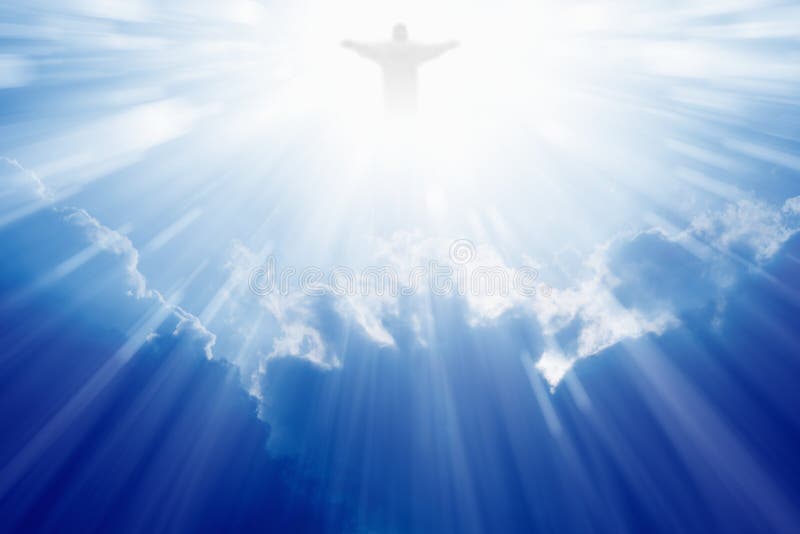 Jesus Christ in heaven. Jesus Christ in blue sky with clouds, bright light from heaven, resurrection, easter royalty free stock photos
