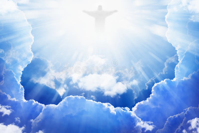 Jesus Christ in blue sky with clouds, bright light from heaven, resurrection, easter. Jesus Christ in blue sky with clouds, bright light from heaven, resurrection, easter