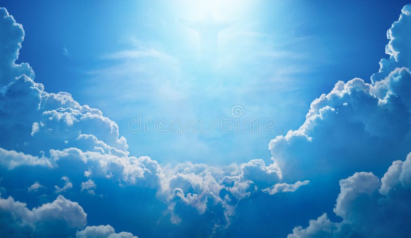 Jesus christ i blå himmel med moln ljus från himlen. Jesus steg från död och gick upp i himlen