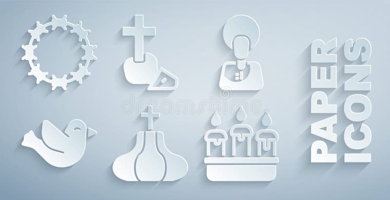 Set Church tower Jesus Christ Dove Burning candle in candlestick Christian cross and Crown of thorns icon. Vector. Set Church tower Jesus Christ Dove Burning candle in candlestick Christian cross and Crown of thorns icon. Vector.