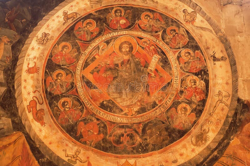 Jesus Christ y el zodiaco firma en el fresco antiguo de la pared de la catedral de Svetitskhoveli Sitio de la herencia de la UNES fotos de archivo libres de regalías Jesus Christ y el zodiaco firma en el fresco antiguo de la pared de la catedral de Svetitskhoveli Sitio de la herencia de la UNES fotos de archivo libres de regalías
