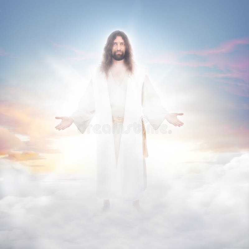 Jesus resurrected in heavenly clouds bathed in luminous light. Jesus resurrected in heavenly clouds bathed in luminous light