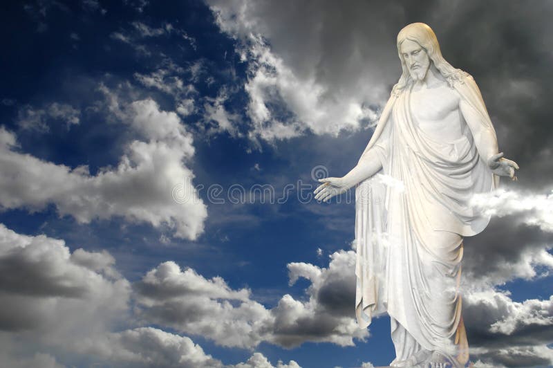 Jesus standing in white and gray storm clouds in blue sky with rays of light. Jesus standing in white and gray storm clouds in blue sky with rays of light