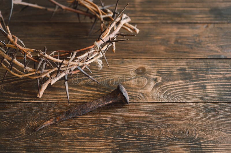 Crucifixion Of Jesus Christ - Cross With Hammer Bloody Nails And Crown Of  Thorns Stock Photo | Adobe Stock