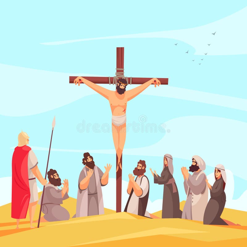 Bible narratives jesus crucifix composition with christ nailed to cross on mount calvary with praying people vector illustration. Bible narratives jesus crucifix composition with christ nailed to cross on mount calvary with praying people vector illustration