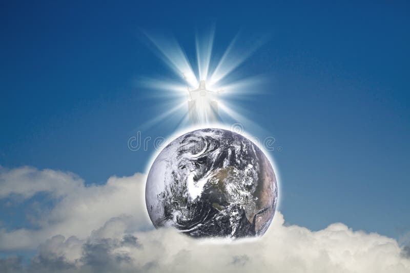 Jesus Christ in blue sky with white clouds and blue planet Earth(Earth Elements of this image furnished by NASA). Jesus Christ in blue sky with white clouds and blue planet Earth(Earth Elements of this image furnished by NASA)