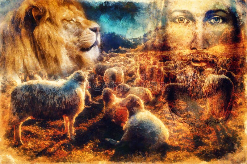 Jesus el buen pastor jesús, corderos y león.