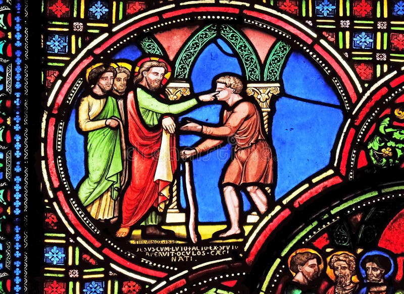 Jesus heals a blind man, stained glass window from Saint Germain-l`Auxerrois church in Paris