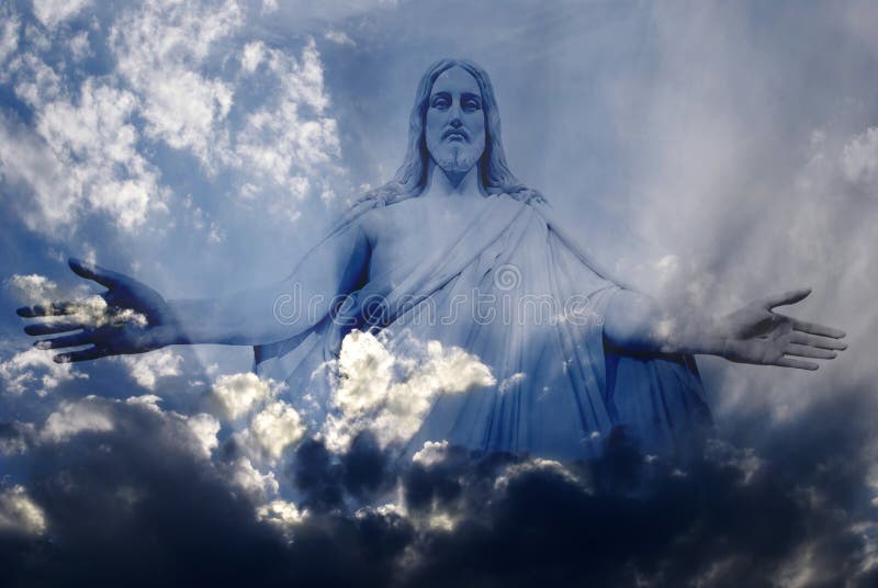 Jesus standing in white and gray storm clouds in blue sky with rays of light. Jesus standing in white and gray storm clouds in blue sky with rays of light