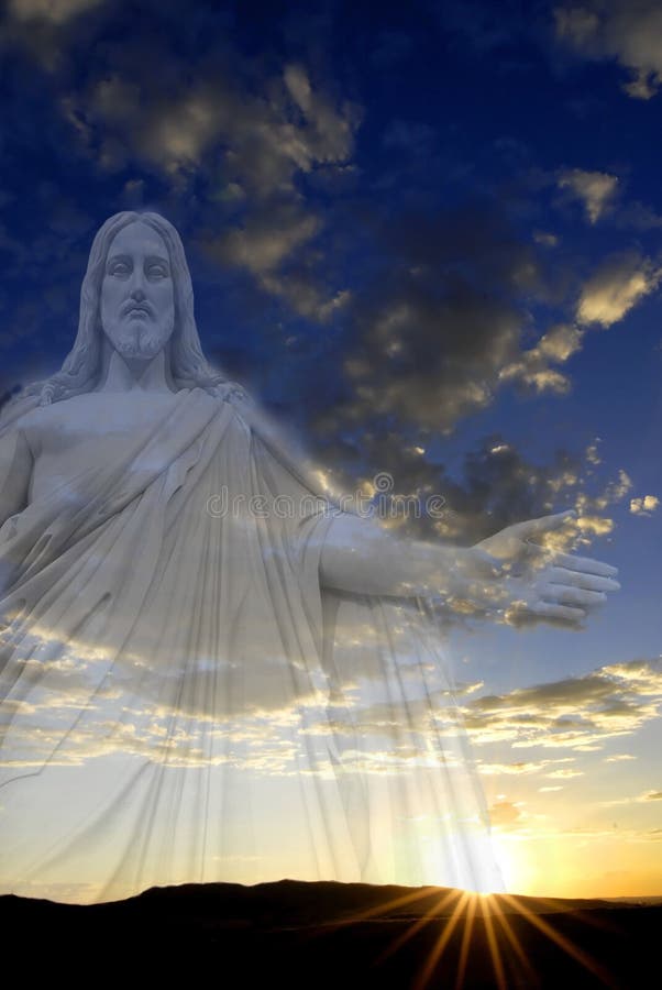 Jesus standing in white and gray storm clouds in blue sky with rays of light. Jesus standing in white and gray storm clouds in blue sky with rays of light