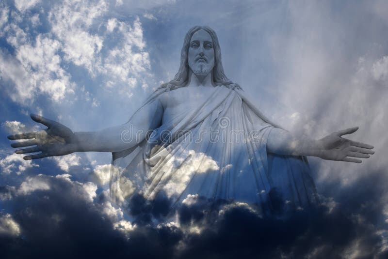 Jesus standing in white and gray storm clouds in blue sky with rays of light. Jesus standing in white and gray storm clouds in blue sky with rays of light