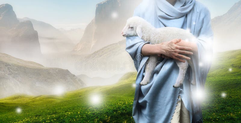 Jesus recovered the lost sheep carrying it in his arms. Biblical story conceptual theme. Jesus recovered the lost sheep carrying it in his arms. Biblical story conceptual theme