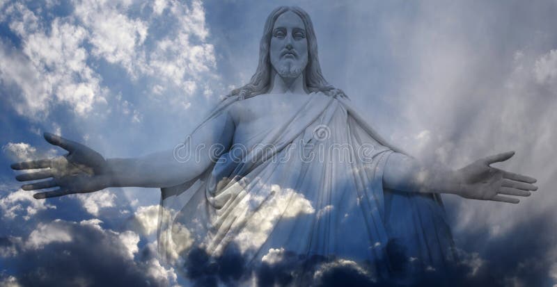 Jesus standing in white and gray storm clouds in blue sky with rays of light. Jesus standing in white and gray storm clouds in blue sky with rays of light