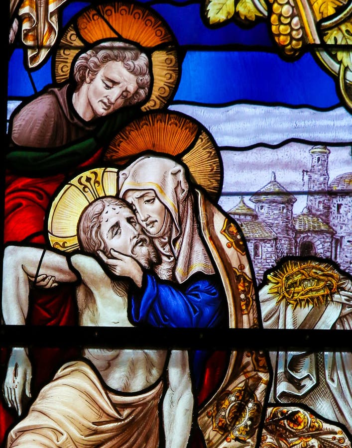 Jesus uit het Kruis - Gebrandschilderd glas wordt genomen - Goede Vrijdag die royalty-vrije stock afbeelding Jesus uit het Kruis - Gebrandschilderd glas wordt genomen - Goede Vrijdag die royalty-vrije stock afbeelding