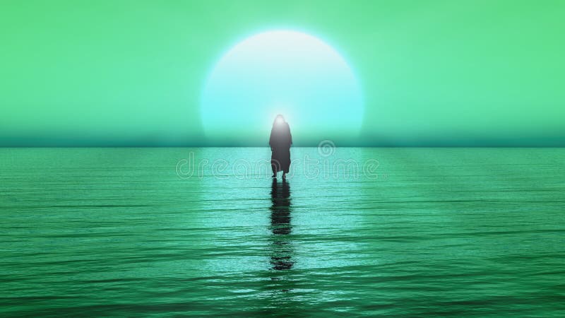 Jesus walks on water, Miracles of Jesus Christ, The prophet of God, 3D Render with green and blue color.