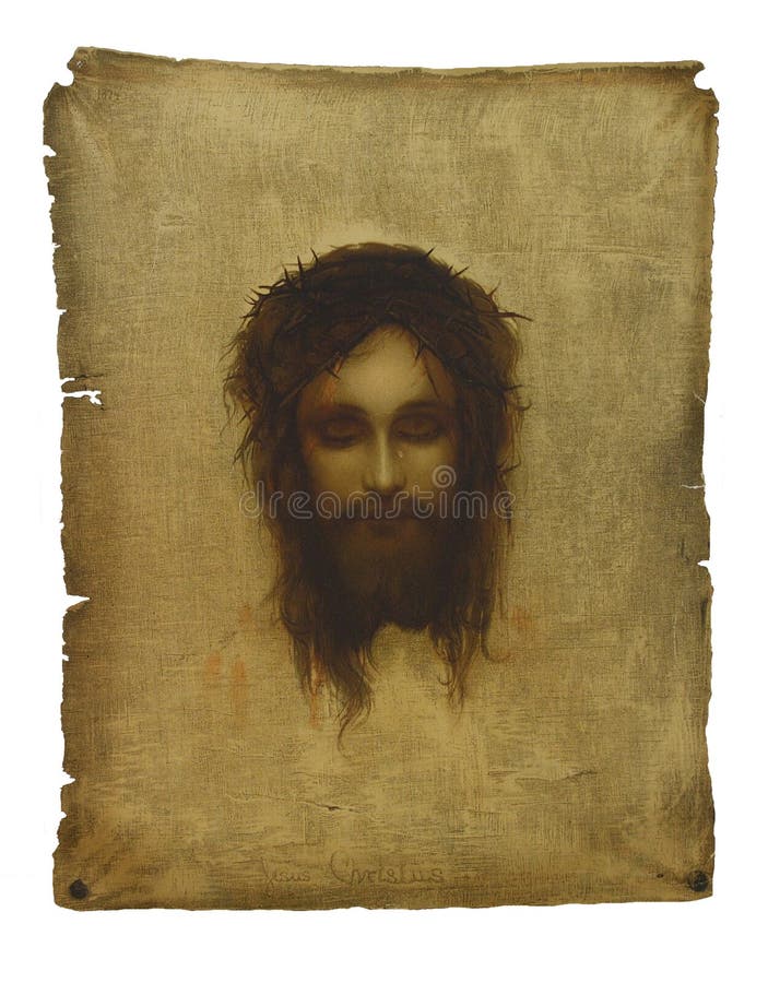 Jesus crucified. Photo of a very old art print that dates back to at least 1915 of a painting that was done in 1874 by Gabriel Max. The image shows the face of Jesus Christ Our Lord with crown of thorns and eyes that seem to open as you watch. There is a tear on his face. Jesus crucified. Photo of a very old art print that dates back to at least 1915 of a painting that was done in 1874 by Gabriel Max. The image shows the face of Jesus Christ Our Lord with crown of thorns and eyes that seem to open as you watch. There is a tear on his face