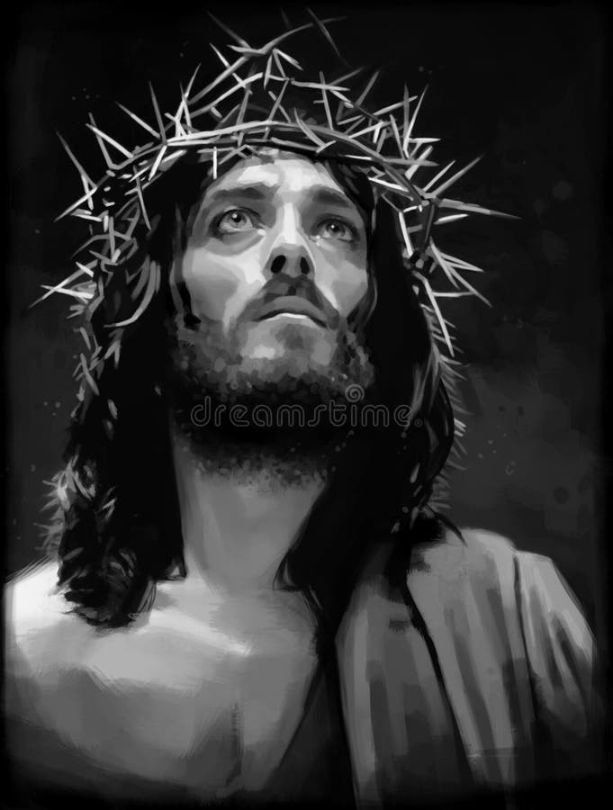 Portrait of Jesus King of the Jews. Black and white digital painting. Portrait of Jesus King of the Jews. Black and white digital painting.