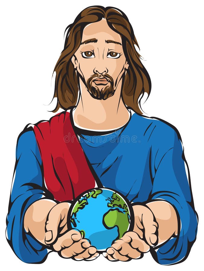 Portrait of Jesus holding the hands planet Earth with white background. Religion christian theme. Portrait of Jesus holding the hands planet Earth with white background. Religion christian theme.