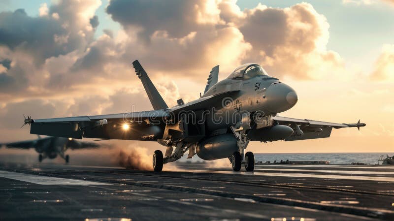 Jet fighter on an aircraft carrier deck beneath blue sky and clouds viewed from front.