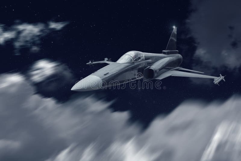 Jet fighter war airplane flying at night for an attack mission