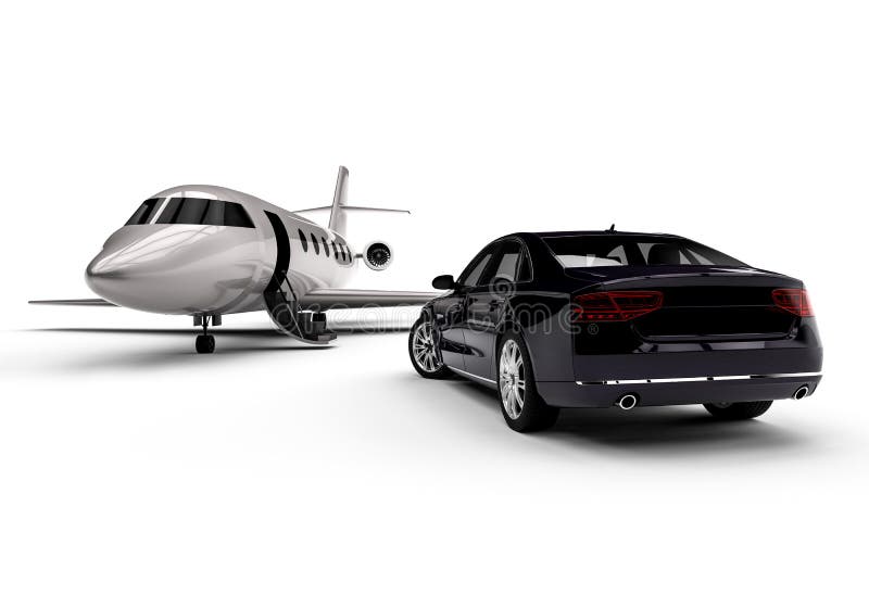 3D render image representing a private jet with a parked limousine. 3D render image representing a private jet with a parked limousine