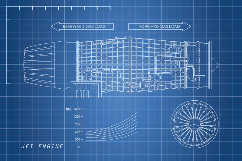 Jetmotor i en översiktsstil Industriell vektorritning delningar stock illustrationer