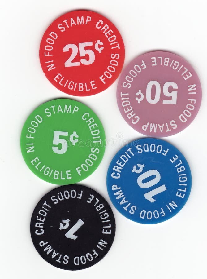Five colored food stamp tokens, 1 cent, 5 cents, 10 cents, 25 cents and 50 cents. Five colored food stamp tokens, 1 cent, 5 cents, 10 cents, 25 cents and 50 cents.