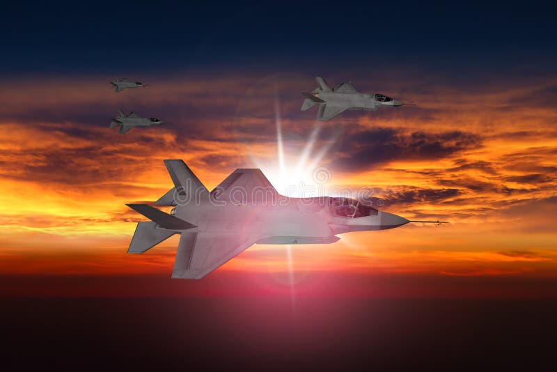 Jets F-35 bei Sonnenuntergang lizenzfreie stockfotografie Jets F-35 bei Sonnenuntergang lizenzfreie stockfotografie