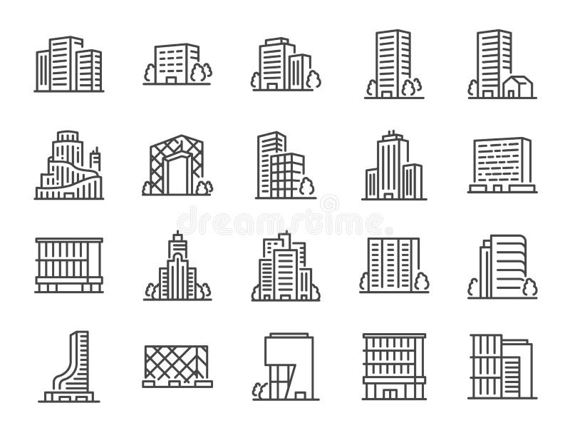 Jeu d'icônes de ligne de construction Inclus des icônes telles que le paysage urbain, l'architecture, le logement, le gratte-ciel