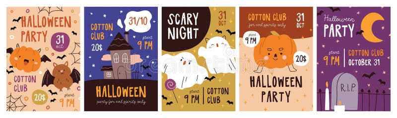 Jeu de cartes promo des affiches halloween. astuce ou réglez les modèles de flyer festif pour octobre fête. nuit mignon illustration de vecteur