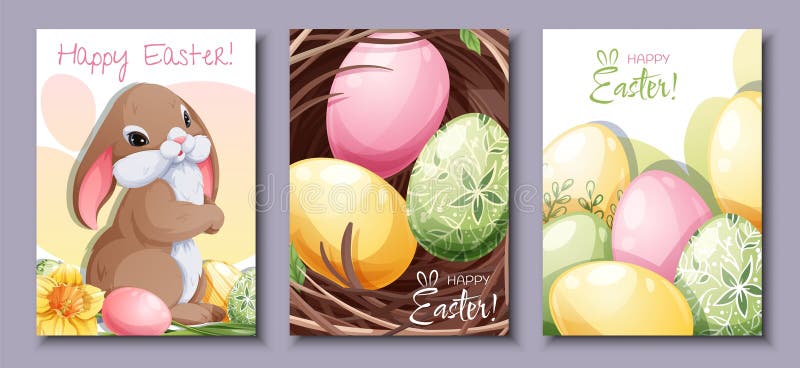 Set of greeting cards for Easter. Poster, banner with Easter bunny and eggs in the nest. Spring time. Set of greeting cards for Easter. Poster, banner with Easter bunny and eggs in the nest. Spring time.