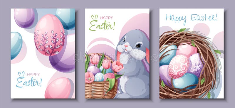 Set of greeting cards for Easter. Poster, banner with Easter bunny and eggs in the nest. Spring time. Set of greeting cards for Easter. Poster, banner with Easter bunny and eggs in the nest. Spring time.