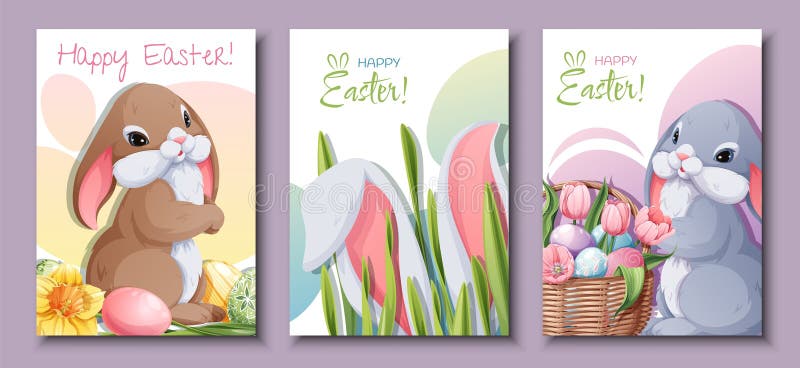 Set of greeting cards for Easter. Poster, banner with Easter bunny and eggs. Spring time. Set of greeting cards for Easter. Poster, banner with Easter bunny and eggs. Spring time