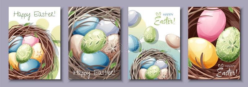 Set of greeting cards for Easter. Poster, banner with Easter eggs in the nest. Spring time. Set of greeting cards for Easter. Poster, banner with Easter eggs in the nest. Spring time.