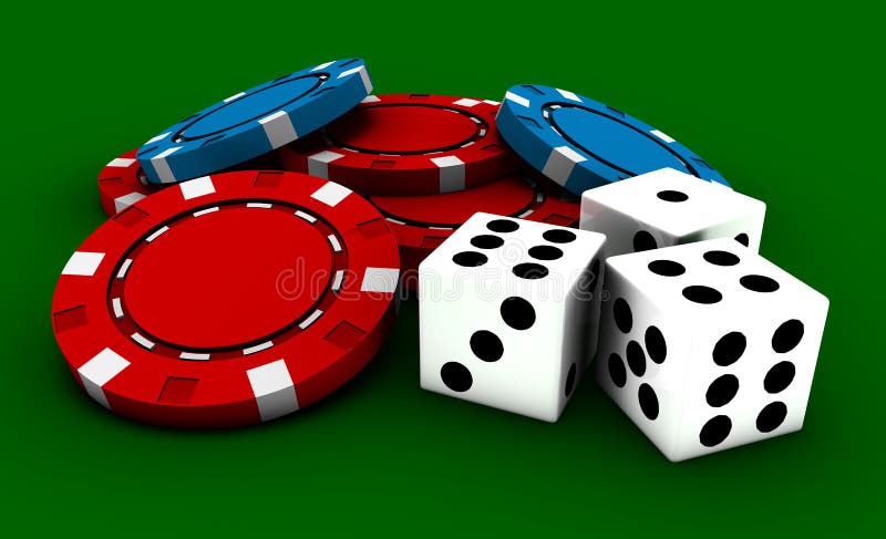 Casino Gaming Chips and Dice on a Green Table. Casino Gaming Chips and Dice on a Green Table
