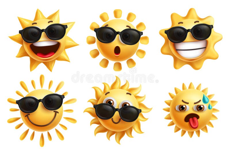 Jeu de composants de caractères Sun emoji. Summer sun emojis face clip collection d'art avec des expressions faciales comme joyeux illustration libre de droits