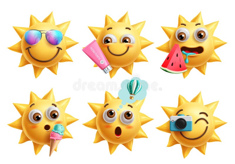 Jeu de composants émoji de caractères Sun. Summer emojis face clip collection d'art dans heureux faim souriant illustration libre de droits