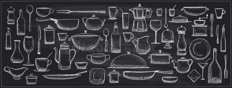 Jeu de doodles graphiques de Chalk ustensiles de cuisine et vaisselle illustration libre de droits