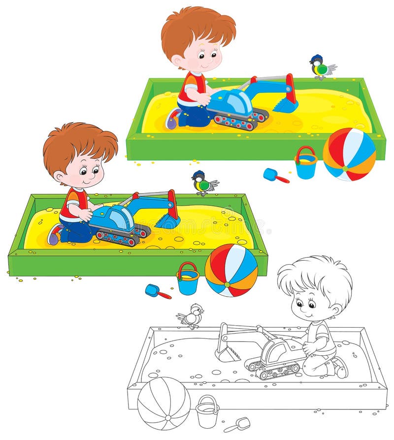 Little boy playing with a toy excavator in a sandpit on a children playground, three versions of the illustration. Little boy playing with a toy excavator in a sandpit on a children playground, three versions of the illustration