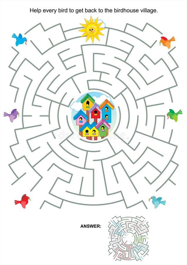Maze game or activity page for kids: Help every bird to get back to the birdhouse village. Answer included. Maze game or activity page for kids: Help every bird to get back to the birdhouse village. Answer included.