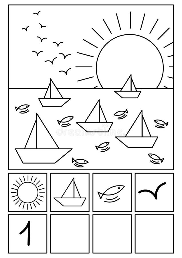 Jeu de maths de plage de page de coloration illustration stock Jeu de maths de plage de page de coloration illustration stock