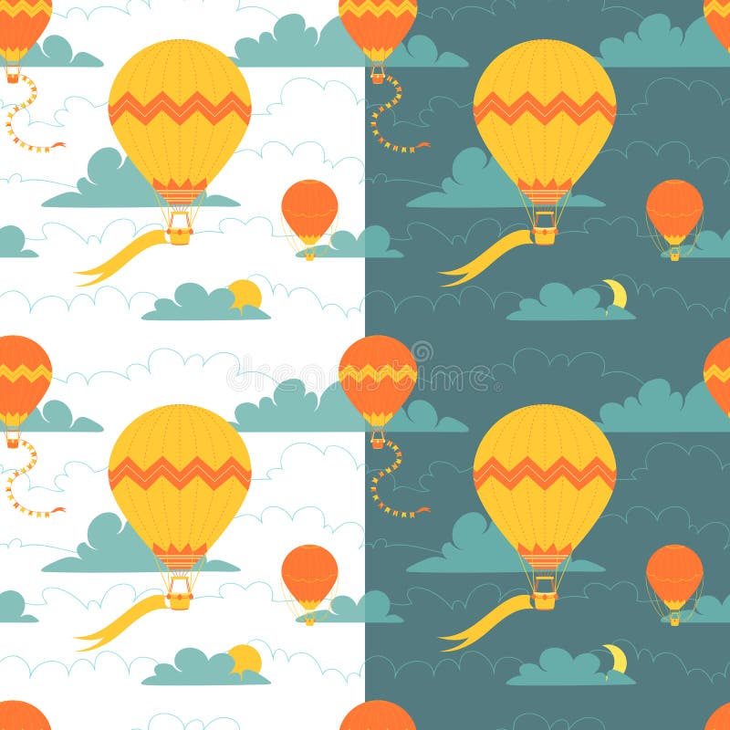 Jeu de modèles sans apparence Ballons à air chaud simples et nuages aux fonds sombres et lumineux Conception vintage cuite illustration stock Jeu de modèles sans apparence Ballons à air chaud simples et nuages aux fonds sombres et lumineux Conception vintage cuite illustration stock