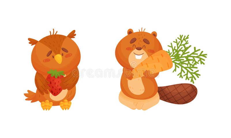 Jeu de moisson d'animaux adorables. dessin animé sur ours mignon et chouette portant fraise et carotte. ours mignon et chouette portant fraise et carotte dessin vectoriel isolé sur fond blanc.