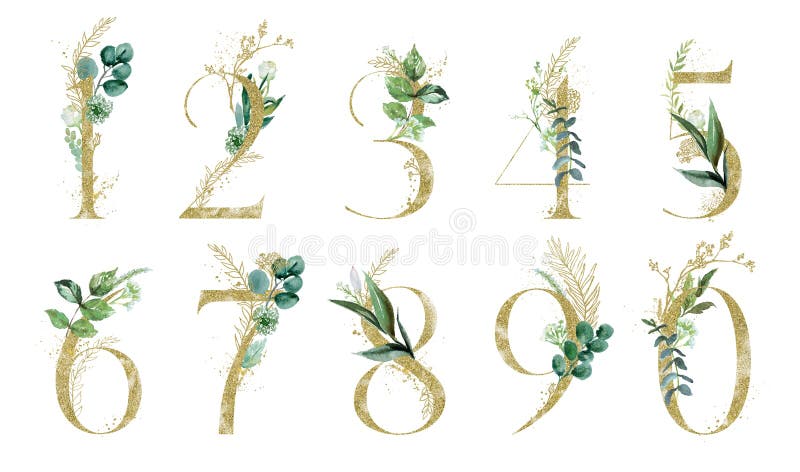Jeu de numéros floraux d'or - chiffres 1, 2, 3, 4, 5, 6, 7, 8, 9, 0 avec composition en bouquet de branches botaniques vertes Col